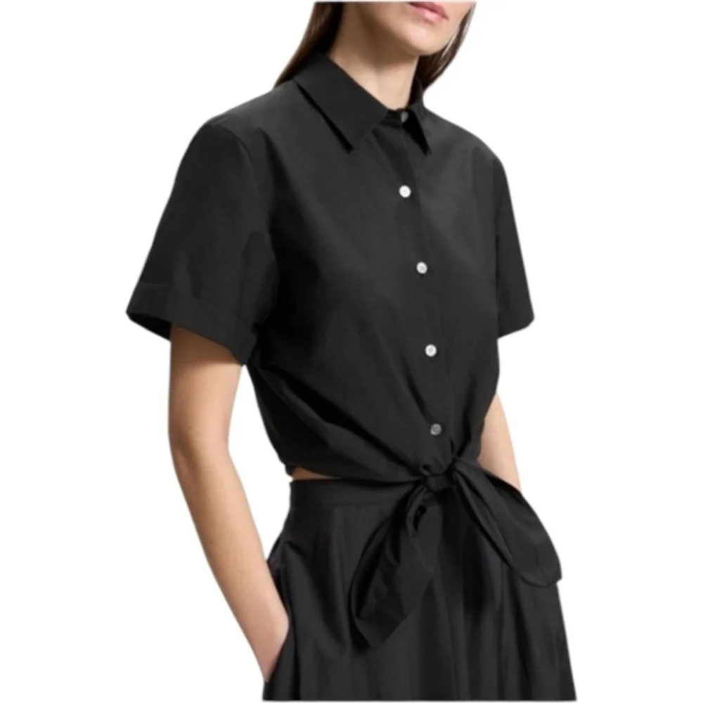 Theory Hekanina Black Tie-Front Button-Up Shirt | Size L. - Picture 1 of 8